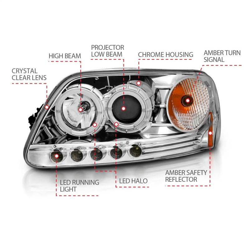 ANZO 1997.5-2003 Ford F-150 Projector Headlights w/ Halo and LED Chrome 1pc - Burkken Auto Parts