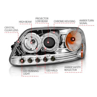 ANZO 1997.5-2003 Ford F-150 Projector Headlights w/ Halo and LED Chrome 1pc - Burkken Auto Parts
