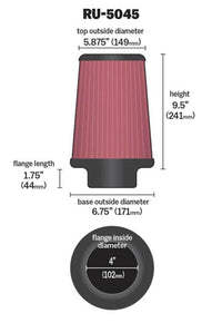 K&N Filter 4 inch Flange 6 3/4 inch OD Base 5 7/8 inch OD Top 9 1/2 inch Height - Burkken Auto Parts