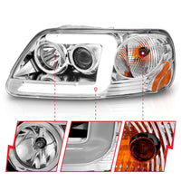 ANZO 1997-2003 Ford F-150 Projector Headlights w/ Light Bar Chrome Housing - Burkken Auto Parts