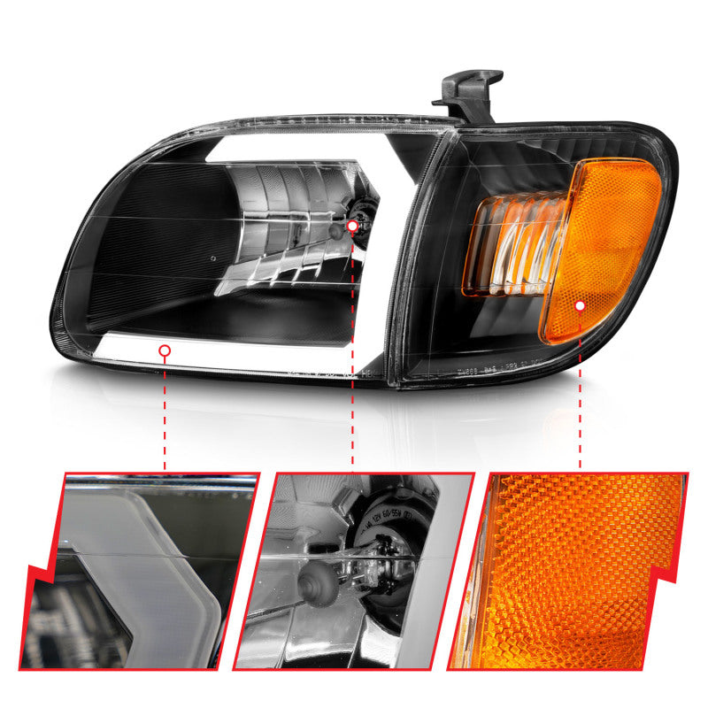ANZO 00-04 Toyota Tundra (Fits Reg/Acc Cab Only) Crystal Headlights w/Light Bar Black w/Corner Light - Burkken Auto Parts
