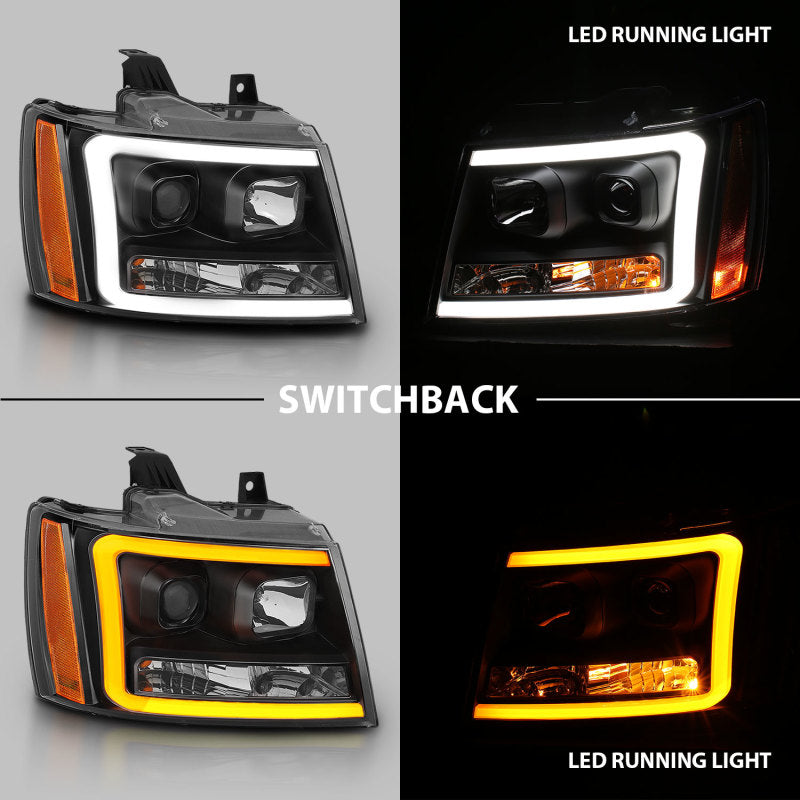 ANZO 07-14 Chevy Tahoe Projector Headlights w/ Plank Style Design Black w/ Amber - Burkken Auto Parts
