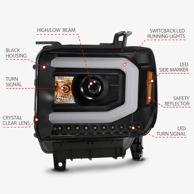 ANZO GMC SIERRA 1500 14-15 2500H/15-19 Projector Headlight Plank Style Black w/ Switchback (Halogen) - Burkken Auto Parts