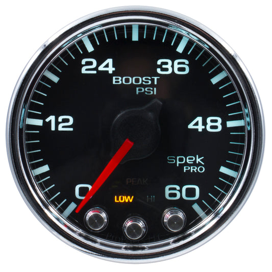 Autometer Spek-Pro Gauge Boost 2 1/16in 60psi Stepper Motor W/Peak & Warn Blk/Chrm