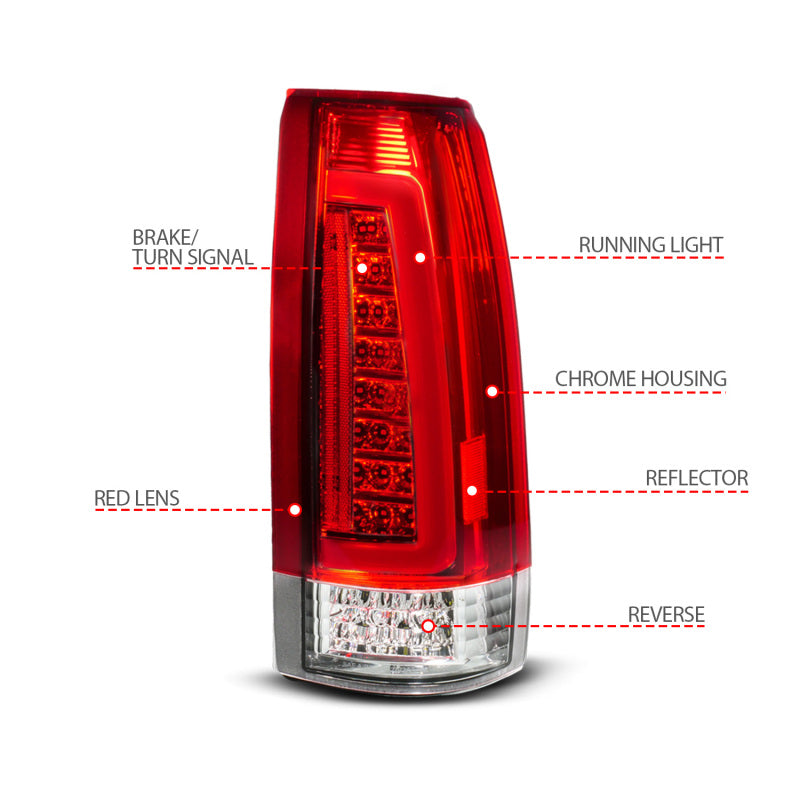 ANZO 88-99 Chevy C/K1500/2500/3500 Full LED Light Tube Taillights Chrome Housing Red/Clear Lens - Burkken Auto Parts