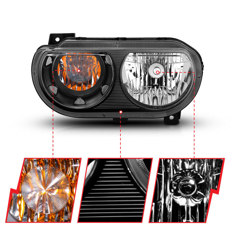 ANZO 2008-2014 Dodge Challenger Crystal Headlights Black - Burkken Auto Parts