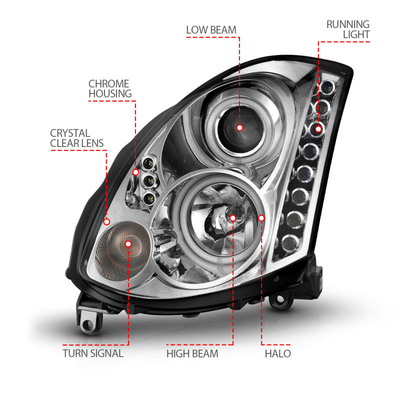 ANZO 2003-2007 Infiniti G35 Projector Headlights w/ Halo Chrome (CCFL) (HID Compatible) - Burkken Auto Parts