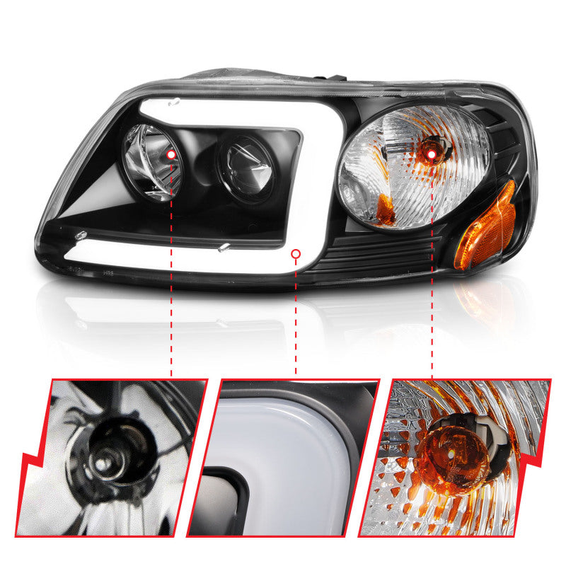ANZO 1997-2003 Ford F-150 Projector Headlights w/ Light Bar Black Housing - Burkken Auto Parts