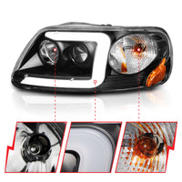 ANZO 1997-2003 Ford F-150 Projector Headlights w/ Light Bar Black Housing - Burkken Auto Parts