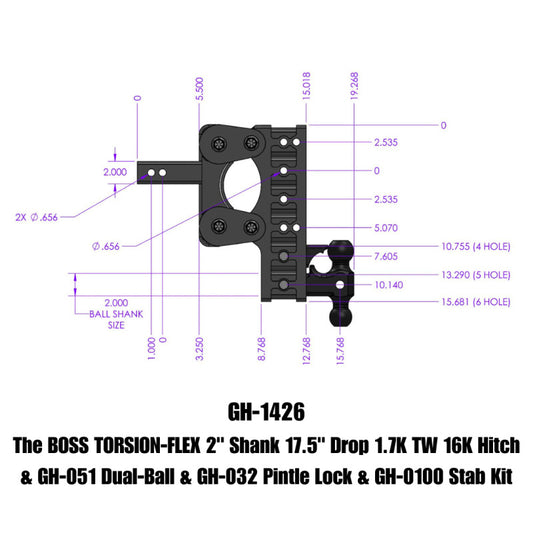 Gen-Y The Boss Torsion-Flex 2in Shank 17.5in Drop 16K Hitch w/GH-051 Dual-Ball/Pintle Lock/Stab Kit