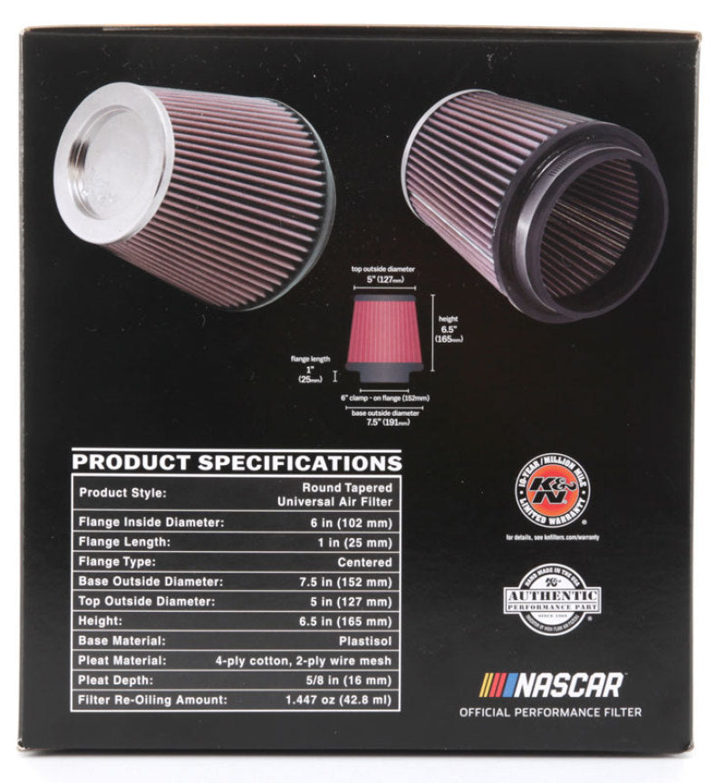 K&N Round Tapered Universal Air Filter 6in Flange ID x 7.5in Base OD x 5in Top OD x 6.5in Height - Burkken Auto Parts