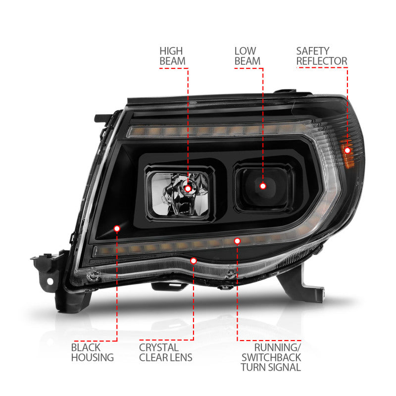 ANZO 05-11 Toyota Tacoma Projector Headlights w/Light Bar Switchback Black Housing - Burkken Auto Parts