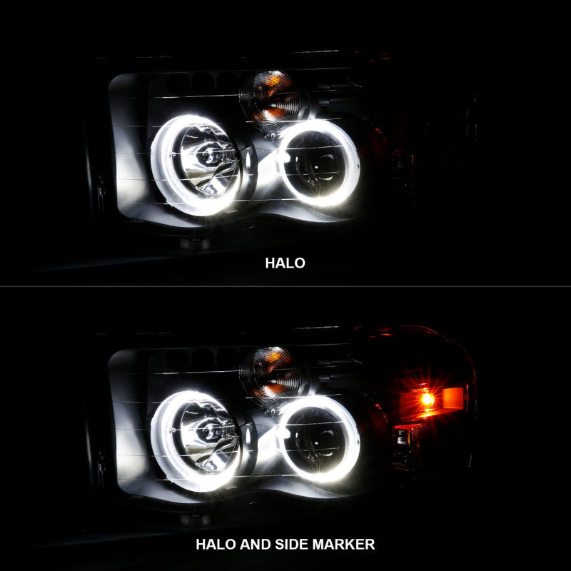 ANZO 2002-2005 Dodge Ram 1500 Projector Headlights w/ Halo Black Clear Amber - Burkken Auto Parts