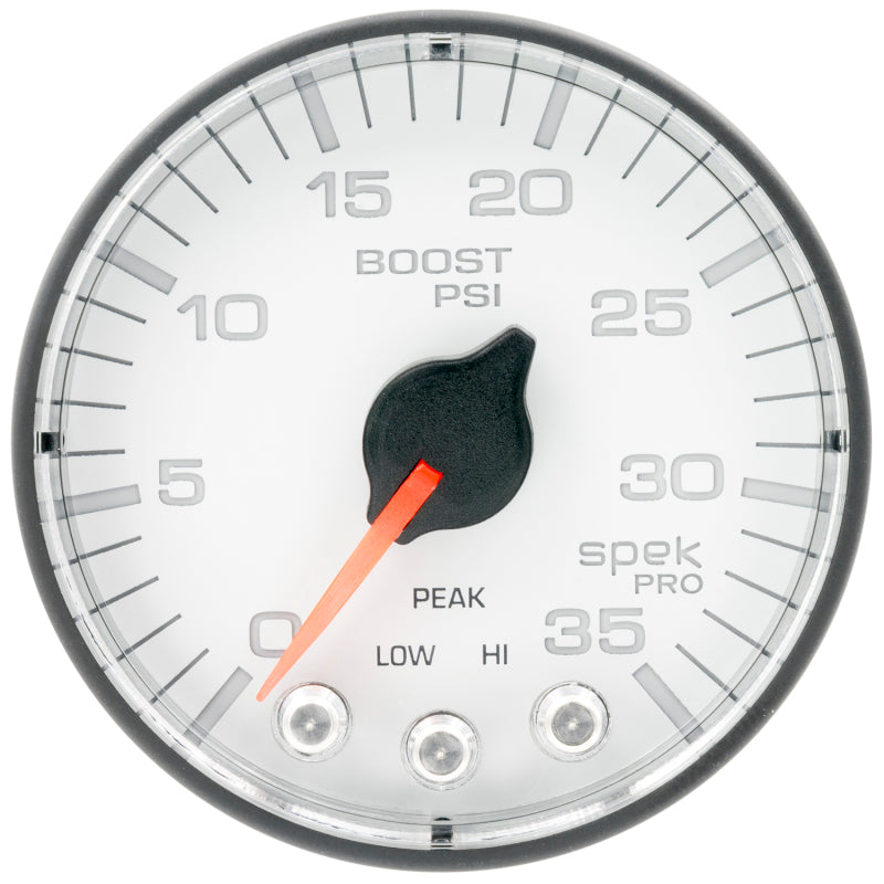 Autometer Spek-Pro 2 1/16in 35PSI Stepper Motor W/Peak & Warn White/Black Boost Gauge - Burkken Auto Parts