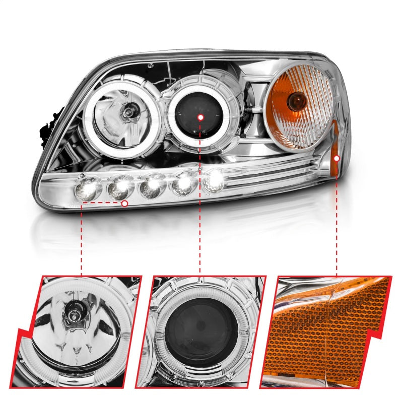 ANZO 1997.5-2003 Ford F-150 Projector Headlights w/ Halo and LED Chrome 1pc - Burkken Auto Parts