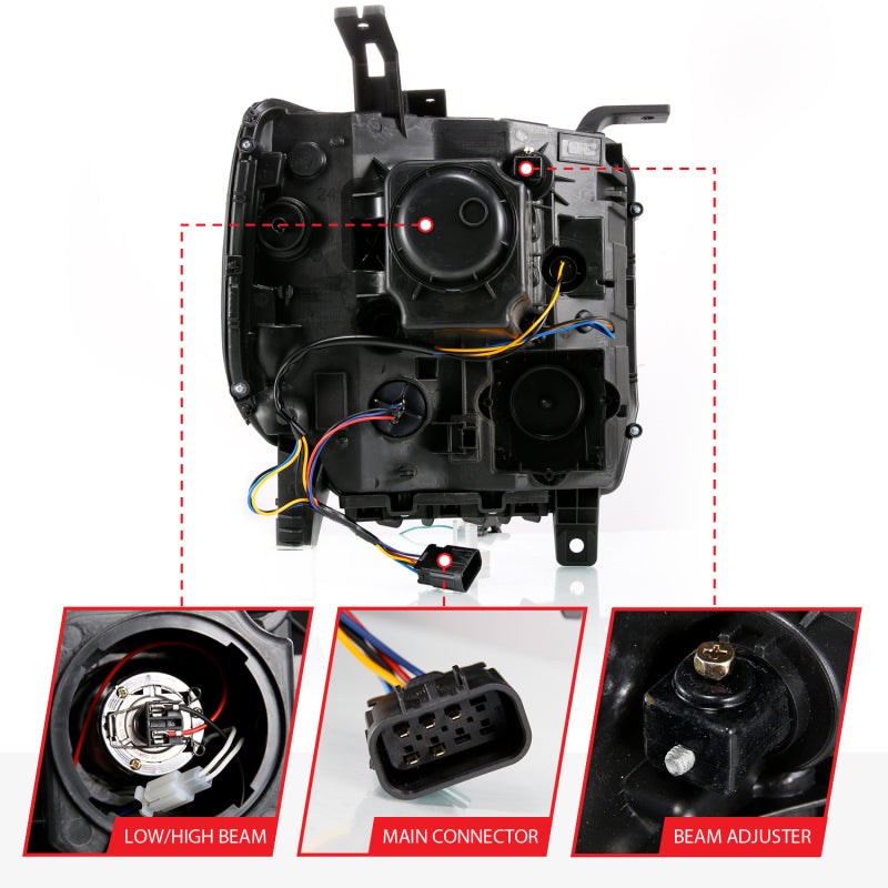 ANZO GMC SIERRA 1500 14-15 2500H/15-19 Projector Headlight Plank Style Black w/ Switchback (Halogen) - Burkken Auto Parts