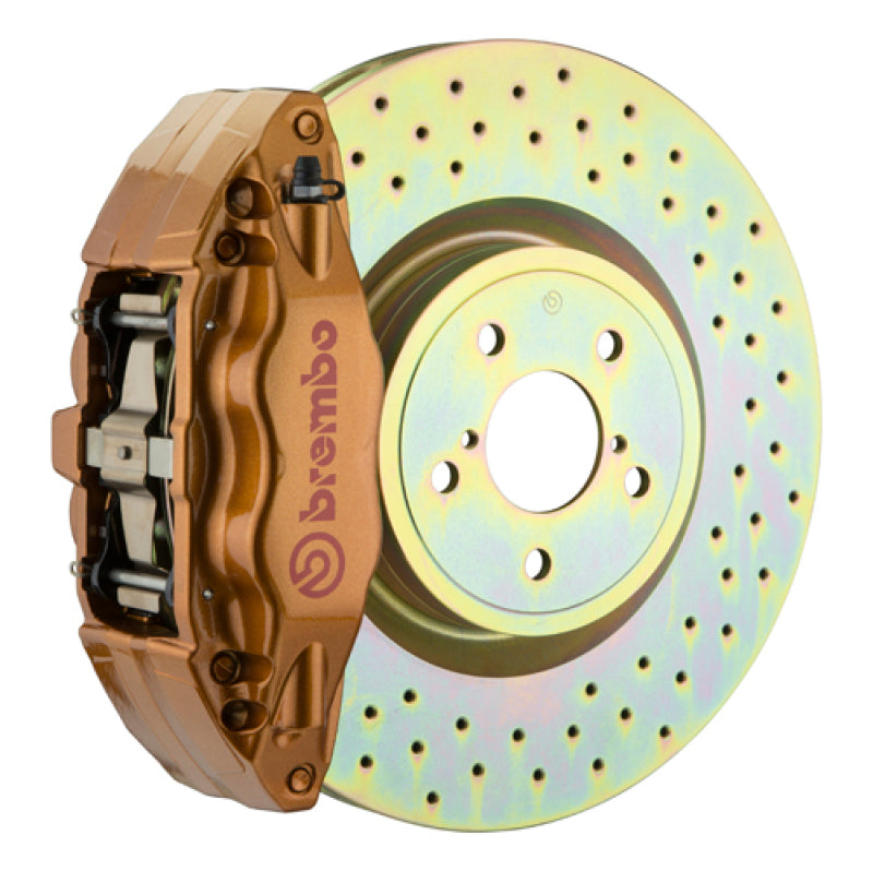 Brembo 15-21 WRX (VA) Front GT BBK 4 Piston Cast 2pc 326 x30 1pc Rotor Drilled - Gold - Burkken Auto Parts