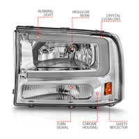 ANZO 99-04 Ford F250/F350/F450/Excursion (excl. 99) Crystal Headlights - w/ Light Bar Chrome Housing - Burkken Auto Parts