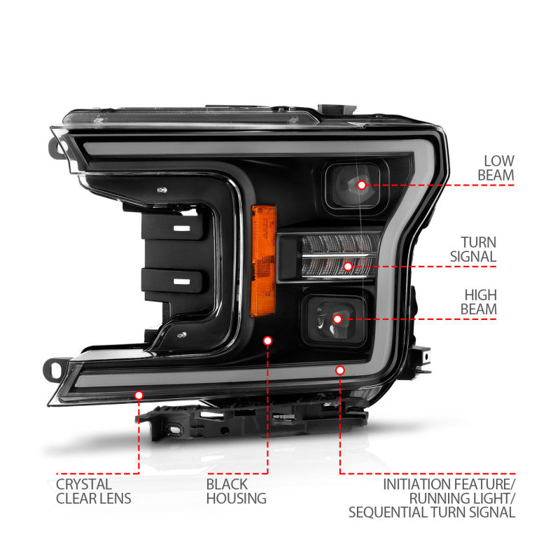 ANZO 18-20 Ford F-150 (w/o Fctry LED) Full LED Proj Headlights w/Light Bar Swtchbk Seq. Black w/Init - Burkken Auto Parts