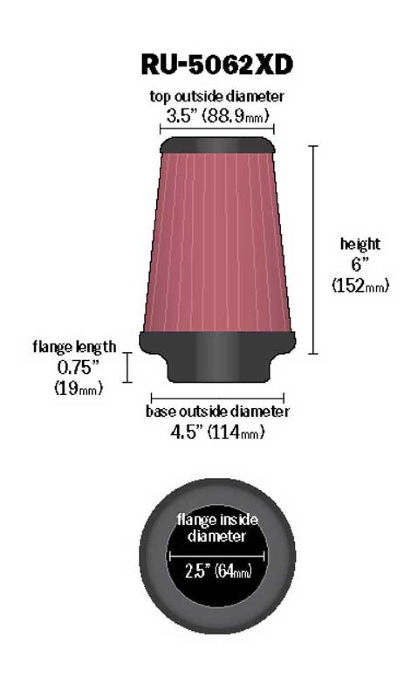 K&N Universal Rubber Filter 2-1/2in Flg / 4-1/2in OD B / 3-1/2in OD T / 6in H - Black Top - Burkken Auto Parts