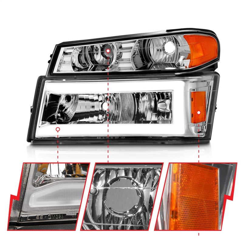 ANZO 04-12 GM Colorado/Canyon/I-Series Crystal Headlights - w/ Light Bar Chrome Housing 4pcs - Burkken Auto Parts