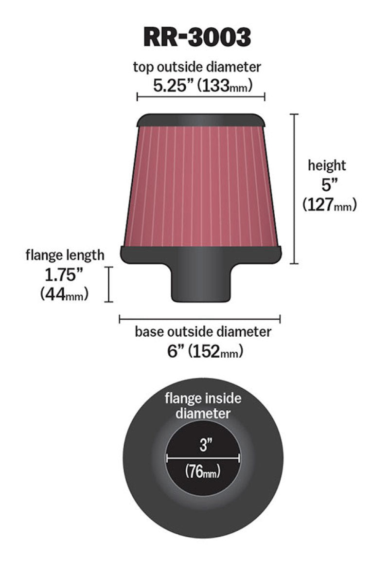 K&N Universal Filter 3 inch Flange 6 inch Base 5 1/4 inch Top 5 inch Height w/ Polished Top - Burkken Auto Parts
