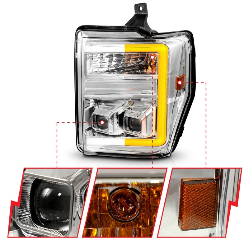 ANZO 08-10 Ford F-250 - F-550 Super Duty Projector Headlights w/ Light Bar Switchback Chrome Housing - Burkken Auto Parts