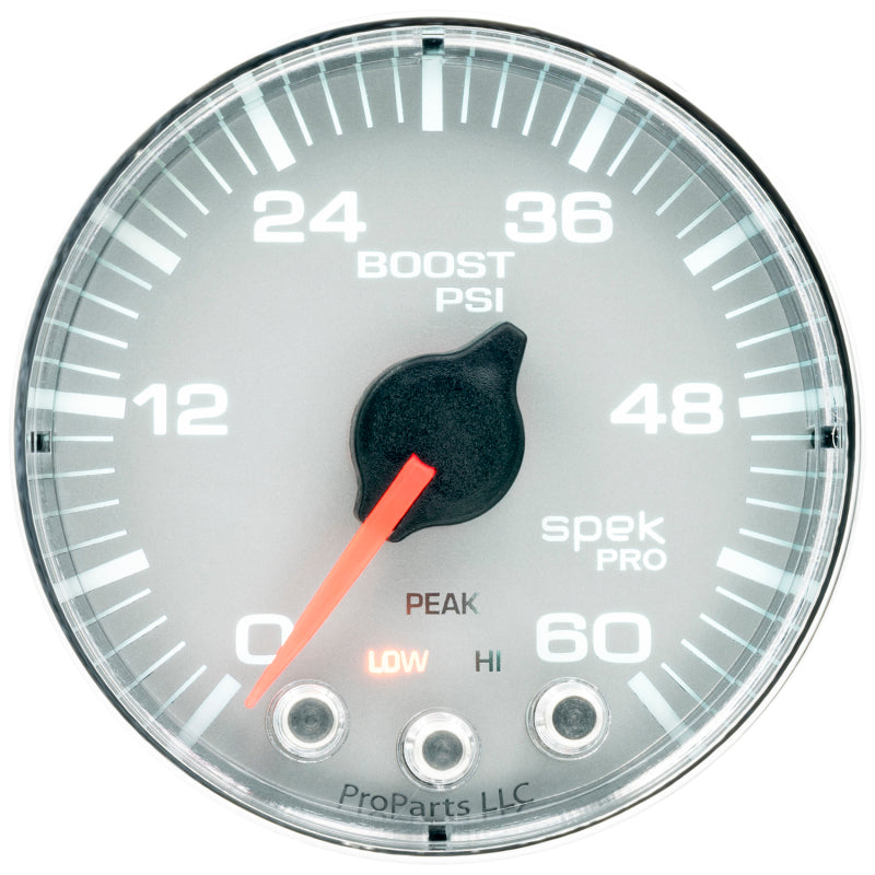 Autometer Spek-Pro Gauge Boost 2 1/16in 60psi Stepper Motor W/Peak & Warn Slvr/Chrm - Burkken Auto Parts