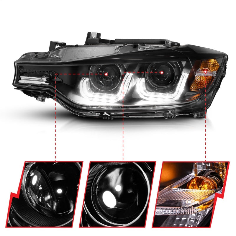 ANZO 2012-2015 BMW 3 Series Projector Headlights w/ U-Bar Black - Burkken Auto Parts