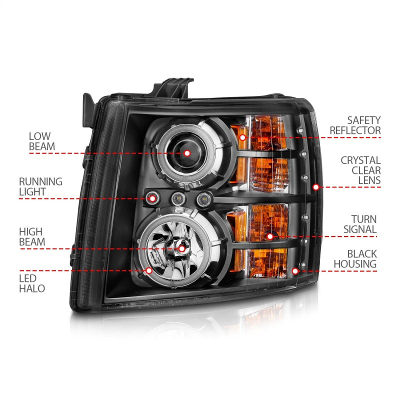 ANZO 2007-2013 Chevrolet Silverado 1500 Projector Headlights w/ Halo Black - Burkken Auto Parts