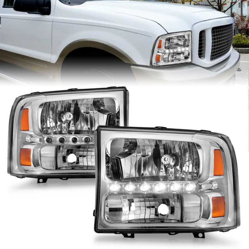 ANZO 2000-2004 Ford Excursion Crystal Headlights Chrome w/ LED 1pc - Burkken Auto Parts
