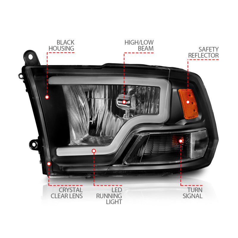 ANZO 2009-2018 Dodge Ram 1500 Crystal Headlights w/ Light Bar Black Housing - Burkken Auto Parts
