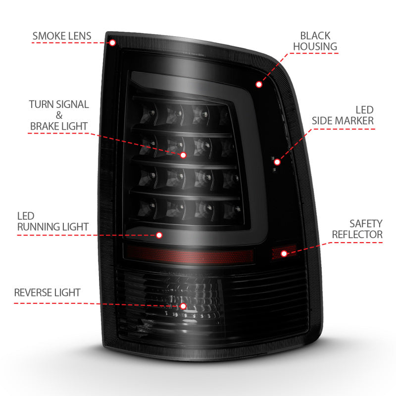 ANZO 2009-2018 Dodge Ram 1500 LED Taillight Plank Style Black w/Smoke Lens - Burkken Auto Parts