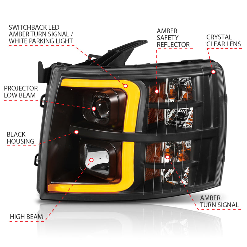 ANZO 07-13 Chevrolet Silverado 1500 Plank Style Projector Headlights Black w/ Amber - Burkken Auto Parts