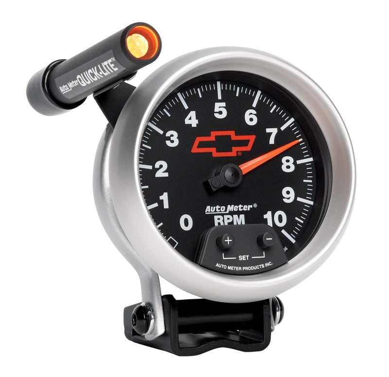 Autometer GM Red Bowtie Black 3-3/4in 0-10000 RPM Pedestal Mount Tachometer Quick-Lite - Burkken Auto Parts