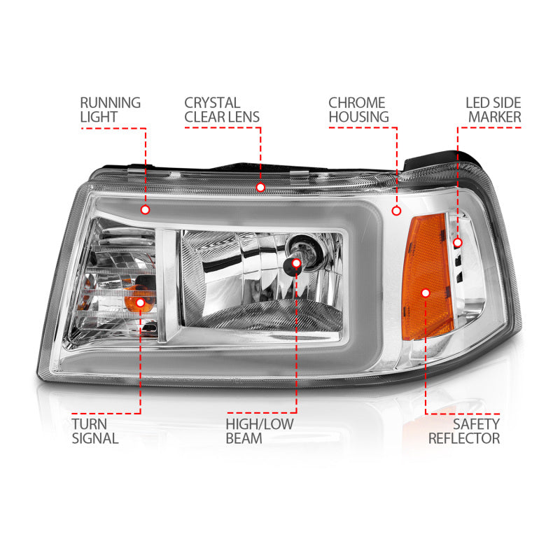 ANZO 2001-2011 Ford Ranger Crystal Headlights w/ Light Bar Chrome Housing - Burkken Auto Parts