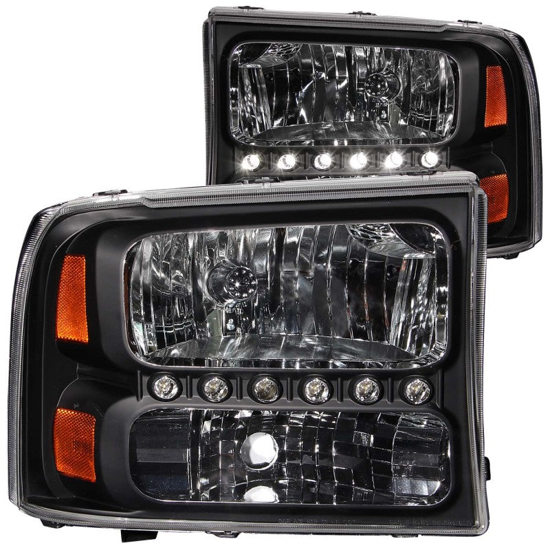 ANZO 2000-2004 Ford Excursion Crystal Headlights Black w/ LED 1pc - Burkken Auto Parts