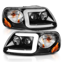 ANZO 1997-2003 Ford F-150 Projector Headlights w/ Light Bar Black Housing - Burkken Auto Parts