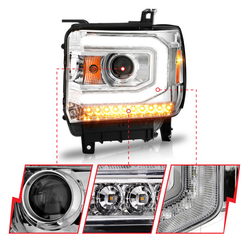 ANZO 2014-2015 GMC Sierra 1500 Projector Headlights w/ Light Bar Chrome Housing (Halogen Type) - Burkken Auto Parts