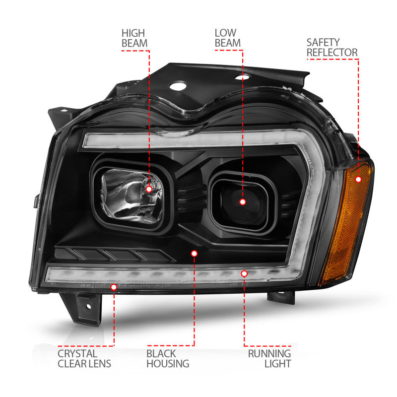 ANZO 2005-2007 Jeep Grand Cherokee Projector Headlights w/ Light Bar Switchback Black Housing - Burkken Auto Parts