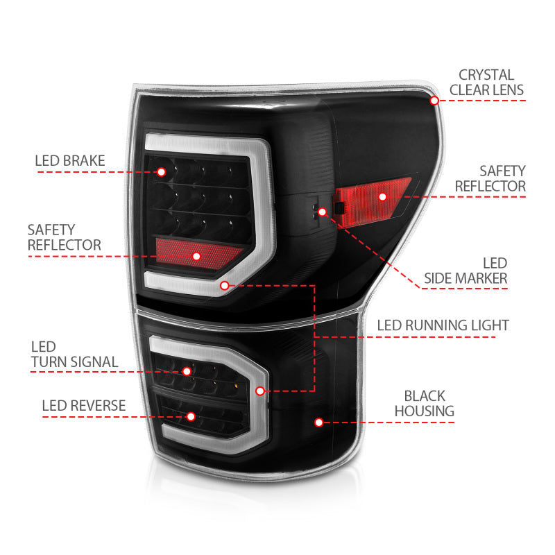 ANZO 2007-2013 Toyota Tundra LED Taillights Plank Style Black w/Clear Lens - Burkken Auto Parts