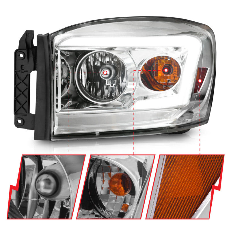 ANZO 06-09 Dodge RAM 1500/2500/3500 Headlights Chrome Housing/Clear Lens (w/ Light Bars) - Burkken Auto Parts