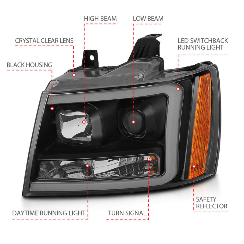 ANZO 07-14 Chevy Tahoe Projector Headlights w/ Plank Style Design Black w/ Amber - Burkken Auto Parts