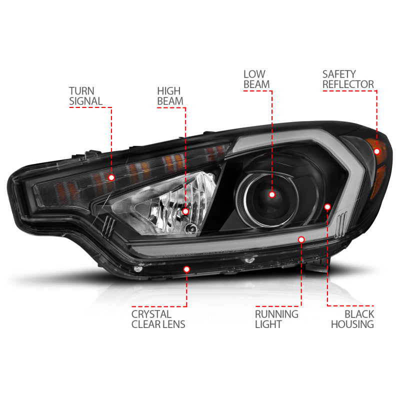 ANZO 2014-2016 Kia Forte Projector Headlights w/ Light Bar Black Housing w/ DRL - Burkken Auto Parts