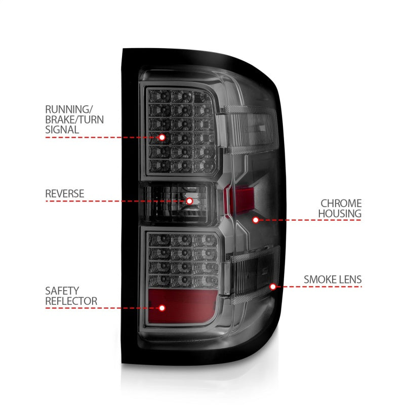 ANZO 15-19 Chevy Silverado 2500HD/3500HD (Factory Halogen Only) LED Tail Lights Smoke w/Clear Lens - Burkken Auto Parts