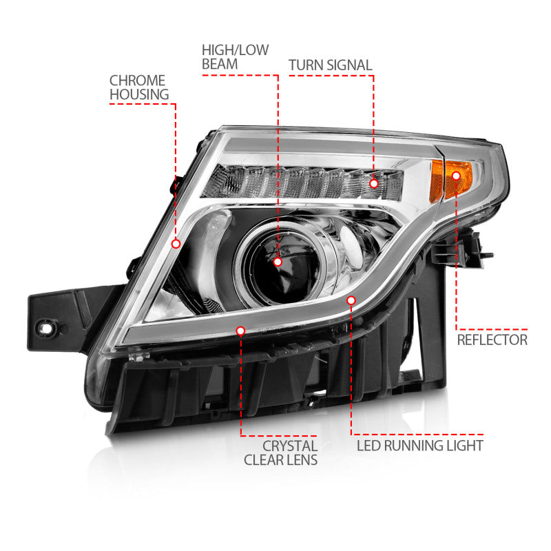 ANZO 11-15 Ford Explorer Projector Headlights w/ Light Bar Chrome Housing w/ Amber light - Burkken Auto Parts