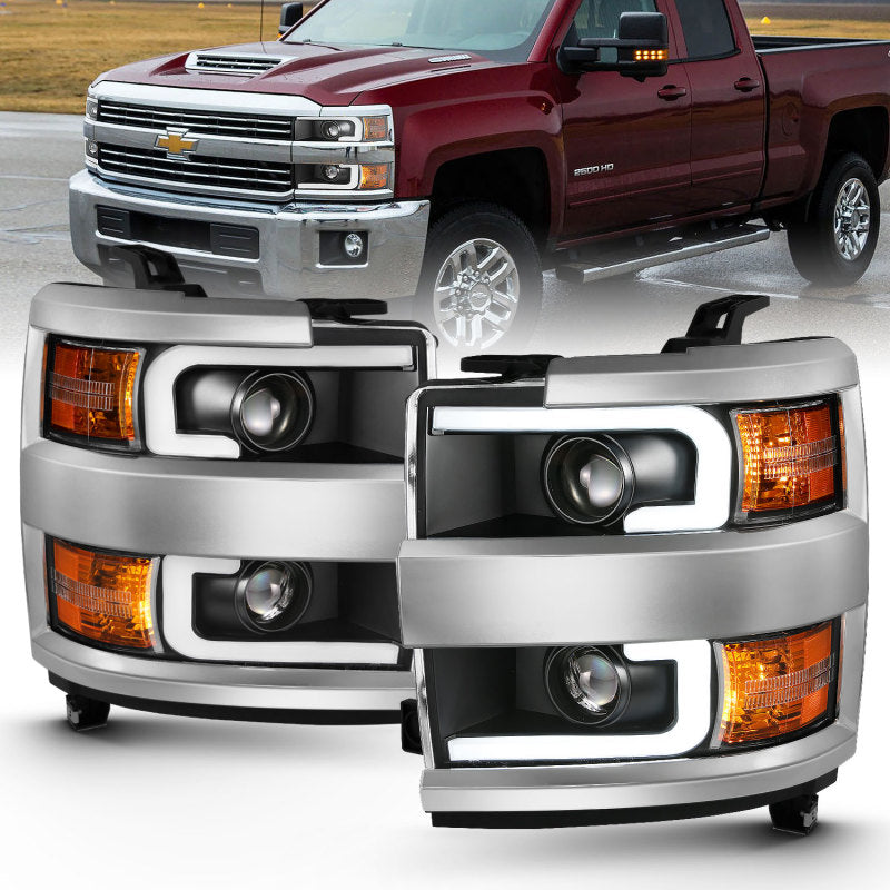 ANZO 2015-2016 Chevrolet Silverado Projector Headlights w/ Plank Style Design Black w/ Amber - Burkken Auto Parts