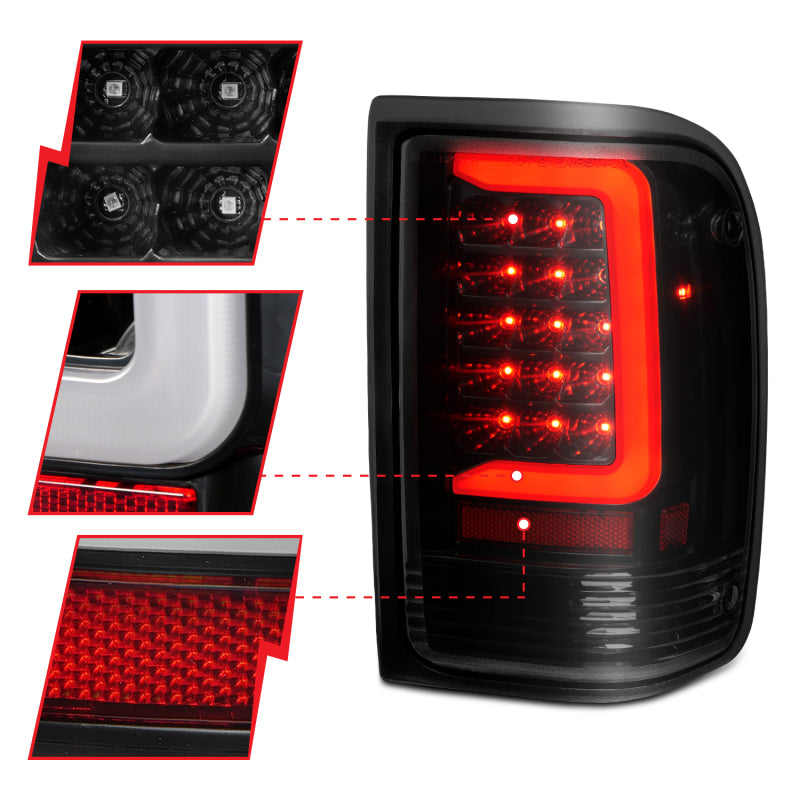 ANZO 1993-1997 Ford  Ranger LED Tail Lights w/ Light Bar Black Housing Smoked Lens - Burkken Auto Parts