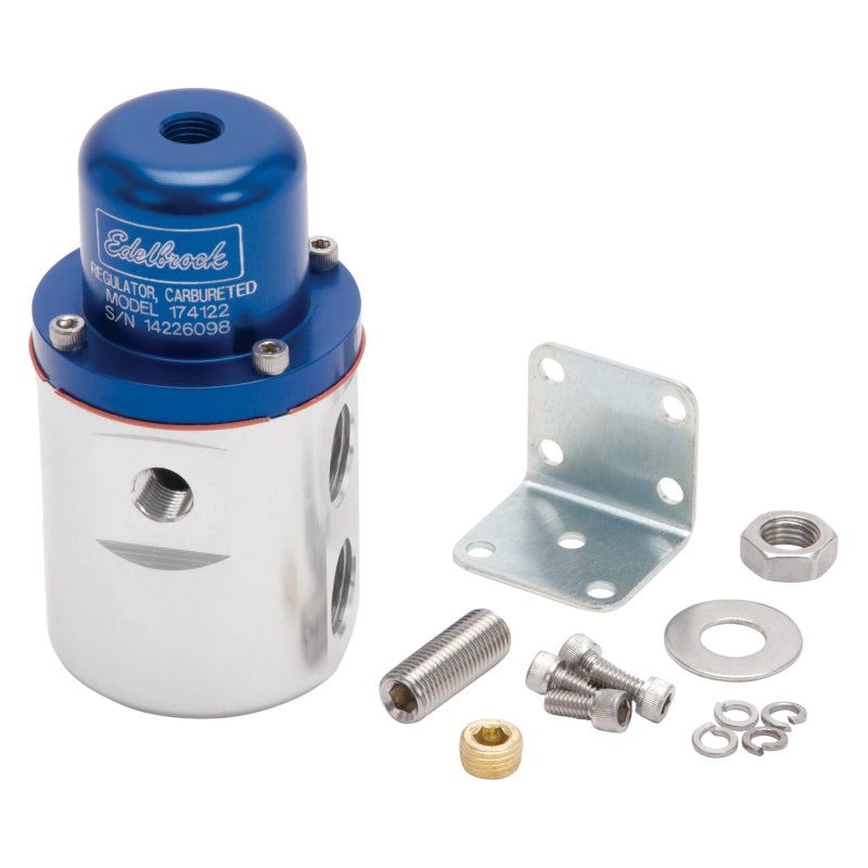 Edelbrock Fuel Pressure Regulator Carbureted 160 GPH 5-10 PSI 3/8In In/Out Returnless Blue/Clear - Burkken Auto Parts