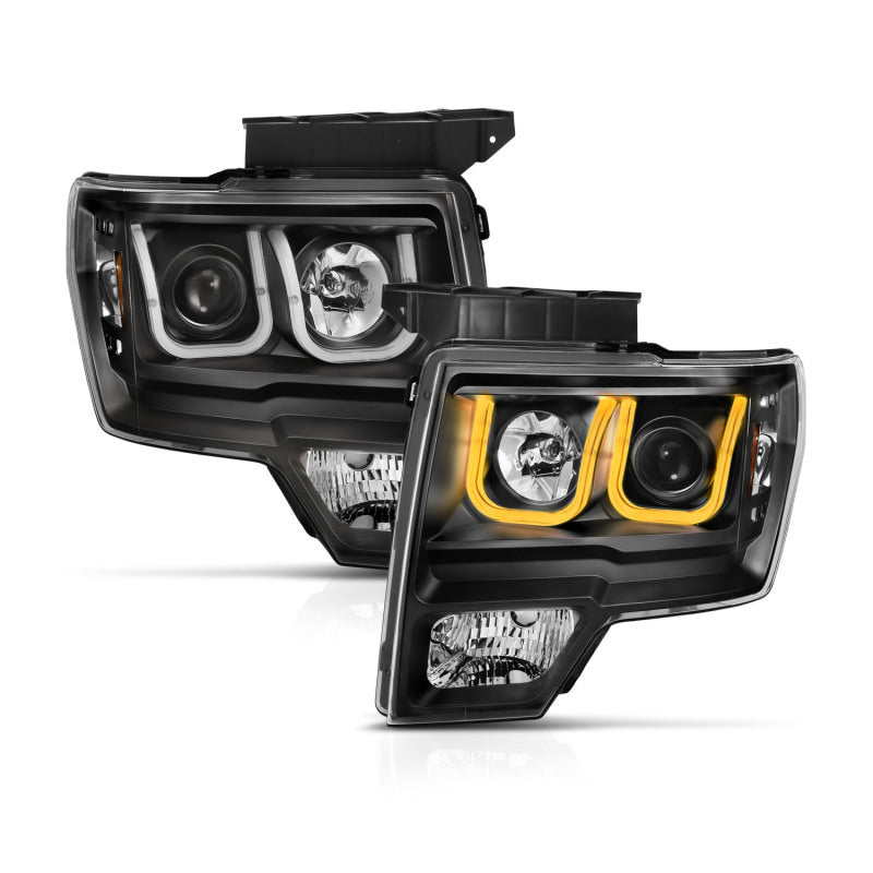 ANZO 2009-2014 Ford F-150 Projector Headlights w/ U-Bar Switchback Black w/ Amber - Burkken Auto Parts